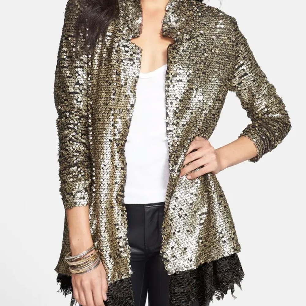 Free People Stardust Gold Sequin Jacket with lace